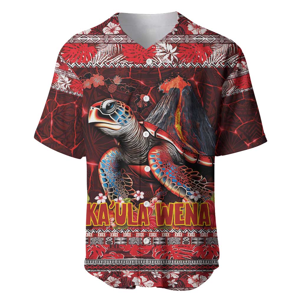 Hawaii KaUla Wena Volcano Turtle Baseball Jersey Lava and Tropical Plants Tribal Pattern LT03 Red - Polynesian Pride