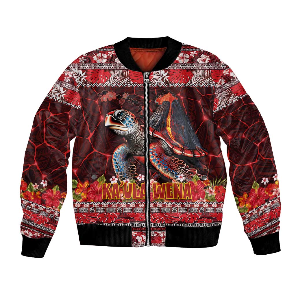 Hawaii KaUla Wena Volcano Turtle Bomber Jacket Lava and Tropical Plants Tribal Pattern LT03 Unisex Red - Polynesian Pride