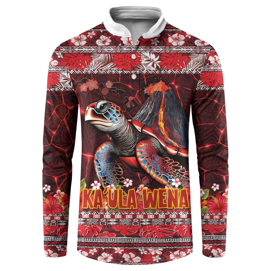 Hawaii KaUla Wena Volcano Turtle Button Sweatshirt Lava and Tropical Plants Tribal Pattern LT03 Red - Polynesian Pride