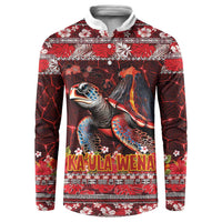 Hawaii KaUla Wena Volcano Turtle Button Sweatshirt Lava and Tropical Plants Tribal Pattern LT03 Red - Polynesian Pride