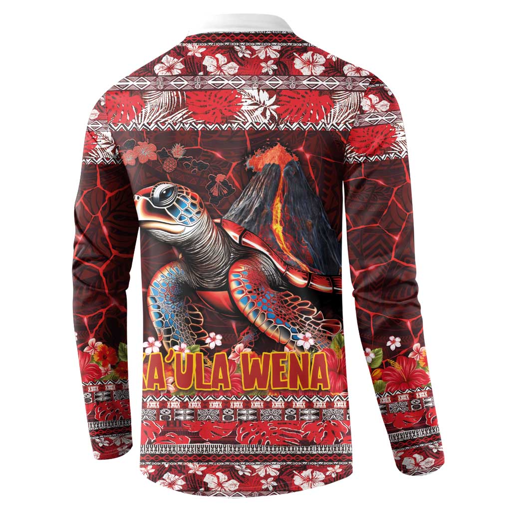 Hawaii KaUla Wena Volcano Turtle Button Sweatshirt Lava and Tropical Plants Tribal Pattern LT03 - Polynesian Pride
