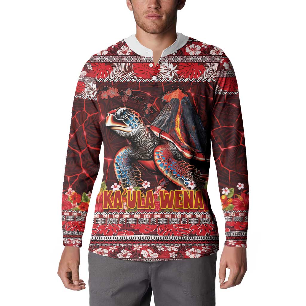 Hawaii KaUla Wena Volcano Turtle Button Sweatshirt Lava and Tropical Plants Tribal Pattern LT03 - Polynesian Pride