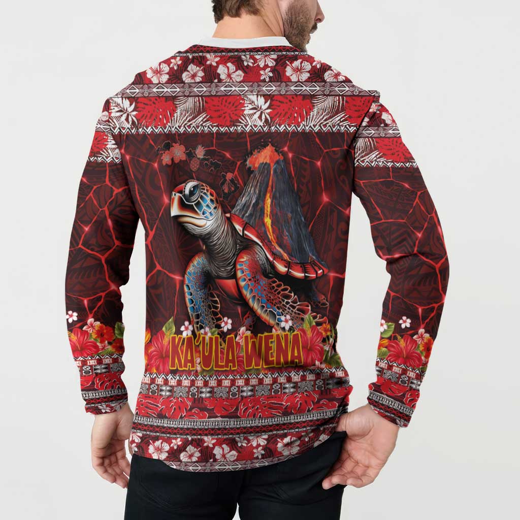 Hawaii KaUla Wena Volcano Turtle Button Sweatshirt Lava and Tropical Plants Tribal Pattern LT03 - Polynesian Pride