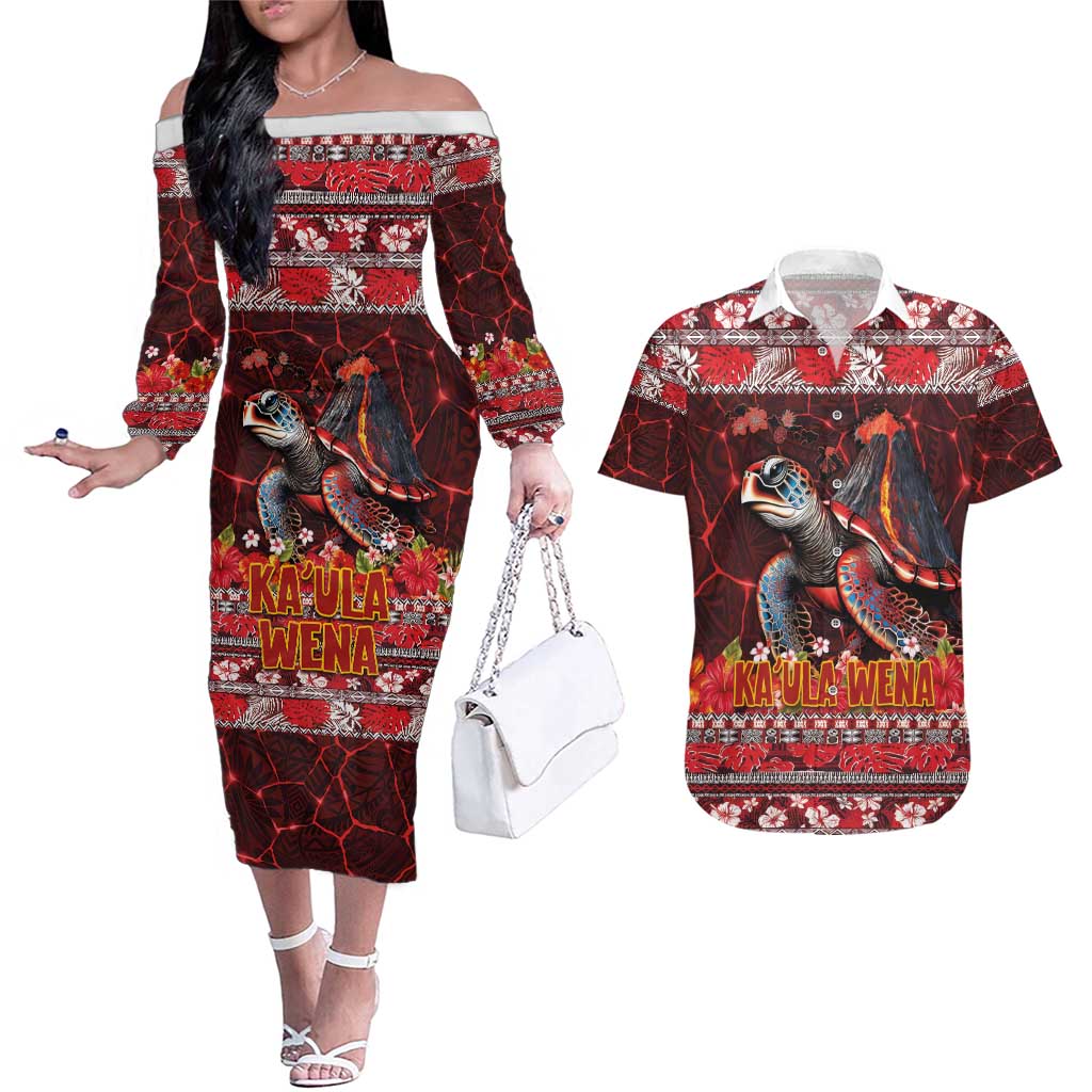 Hawaii KaʻUla Wena Volcano Turtle Couples Matching Off The Shoulder Long Sleeve Dress and Hawaiian Shirt Lava and Tropical Plants Tribal Pattern