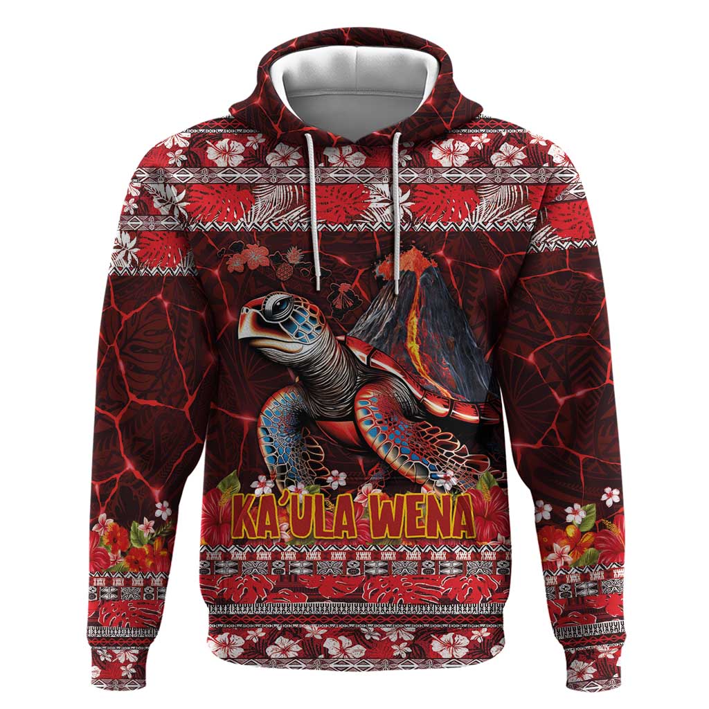 Hawaii KaUla Wena Volcano Turtle Hoodie Lava and Tropical Plants Tribal Pattern LT03 Pullover Hoodie Red - Polynesian Pride