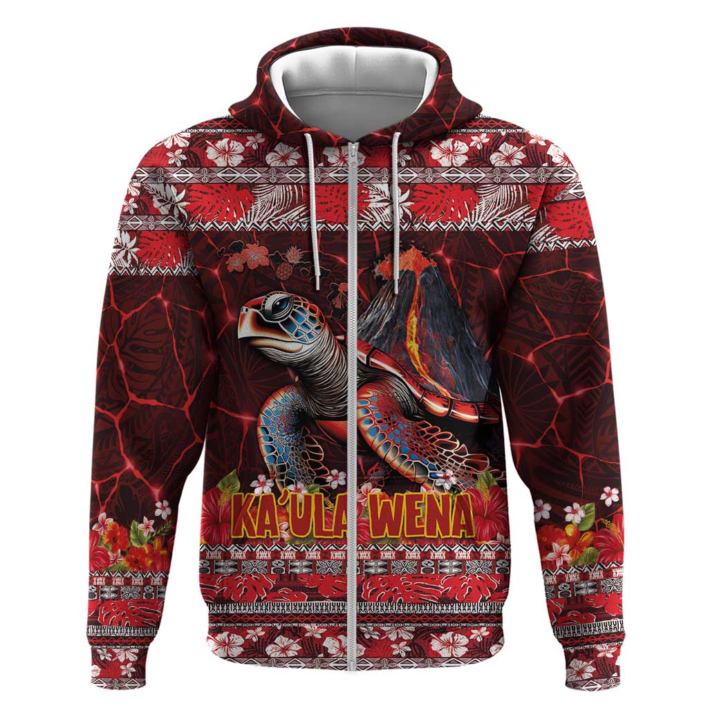 Hawaii KaUla Wena Volcano Turtle Hoodie Lava and Tropical Plants Tribal Pattern LT03 Zip Hoodie Red - Polynesian Pride