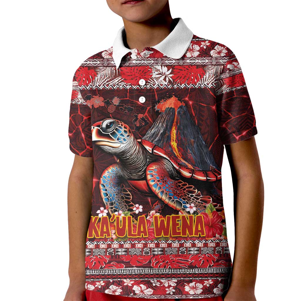 Hawaii KaUla Wena Volcano Turtle Kid Polo Shirt Lava and Tropical Plants Tribal Pattern LT03 Kid Red - Polynesian Pride