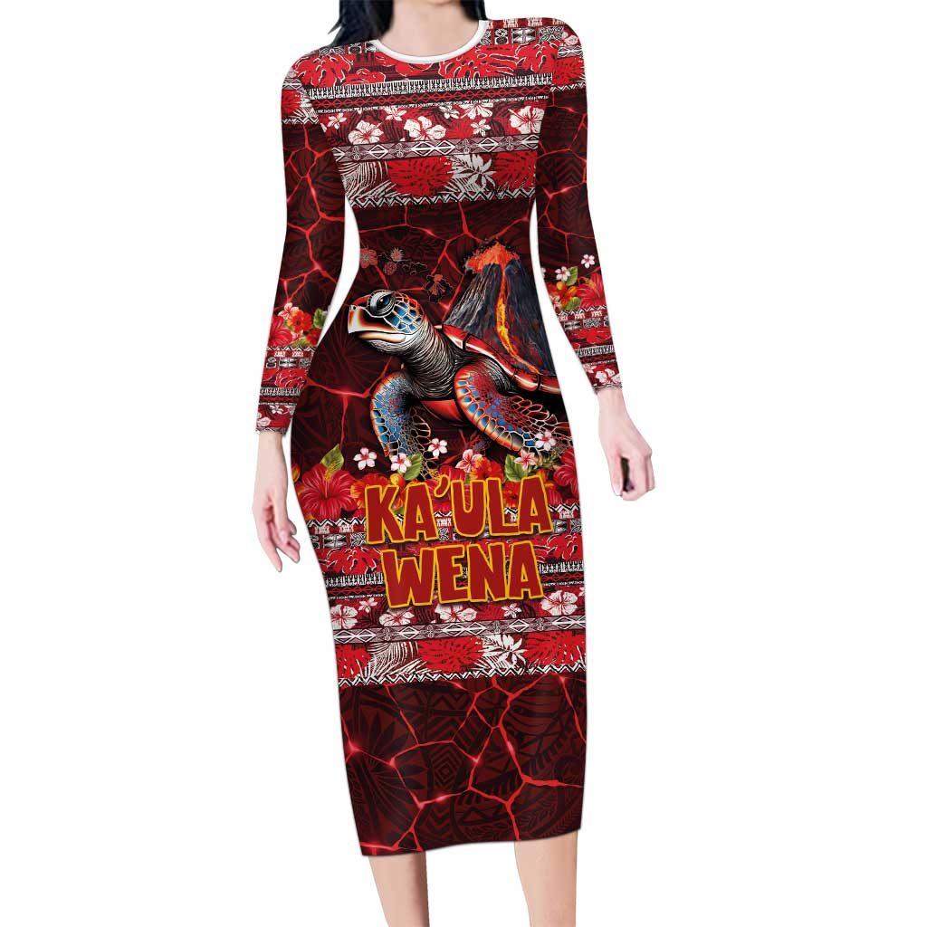 Hawaii KaUla Wena Volcano Turtle Long Sleeve Bodycon Dress Lava and Tropical Plants Tribal Pattern LT03 Long Dress Red - Polynesian Pride