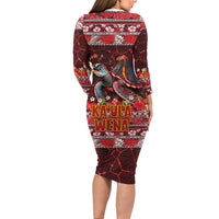 Hawaii KaUla Wena Volcano Turtle Long Sleeve Bodycon Dress Lava and Tropical Plants Tribal Pattern LT03 - Polynesian Pride