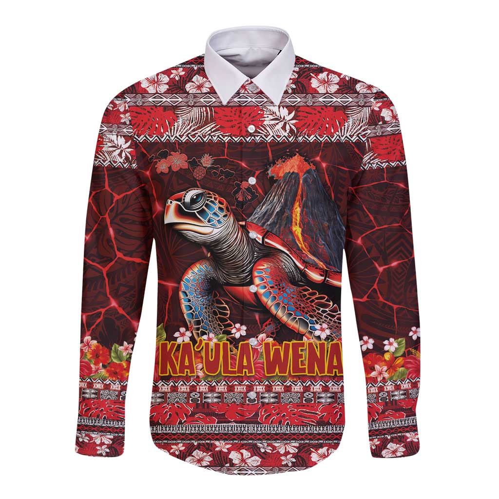 Hawaii KaUla Wena Volcano Turtle Long Sleeve Button Shirt Lava and Tropical Plants Tribal Pattern LT03 Unisex Red - Polynesian Pride