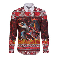 Hawaii KaUla Wena Volcano Turtle Long Sleeve Button Shirt Lava and Tropical Plants Tribal Pattern LT03 Unisex Red - Polynesian Pride