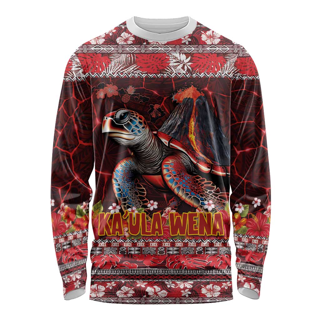 Hawaii KaUla Wena Volcano Turtle Long Sleeve Shirt Lava and Tropical Plants Tribal Pattern LT03 Unisex Red - Polynesian Pride