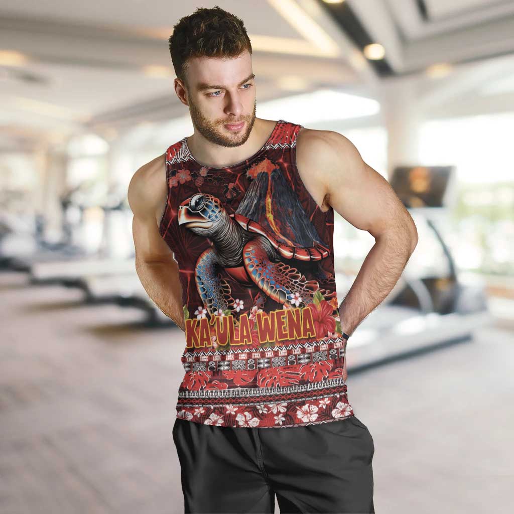 Hawaii KaUla Wena Volcano Turtle Men Tank Top Lava and Tropical Plants Tribal Pattern LT03 Red - Polynesian Pride