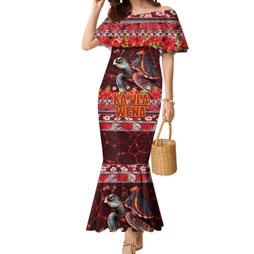 Hawaii KaUla Wena Volcano Turtle Mermaid Dress Lava and Tropical Plants Tribal Pattern LT03 Women Red - Polynesian Pride
