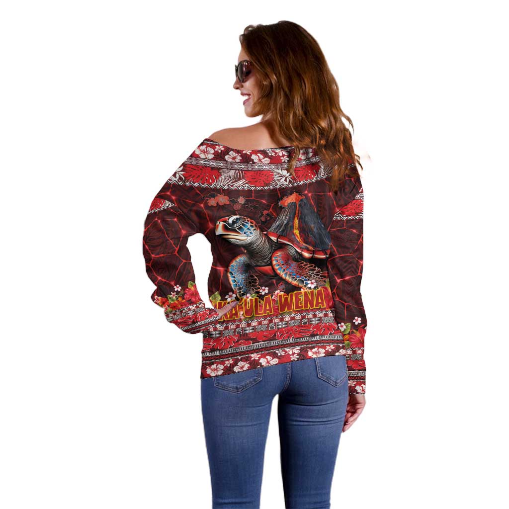 Hawaii KaUla Wena Volcano Turtle Off Shoulder Sweater Lava and Tropical Plants Tribal Pattern LT03 - Polynesian Pride