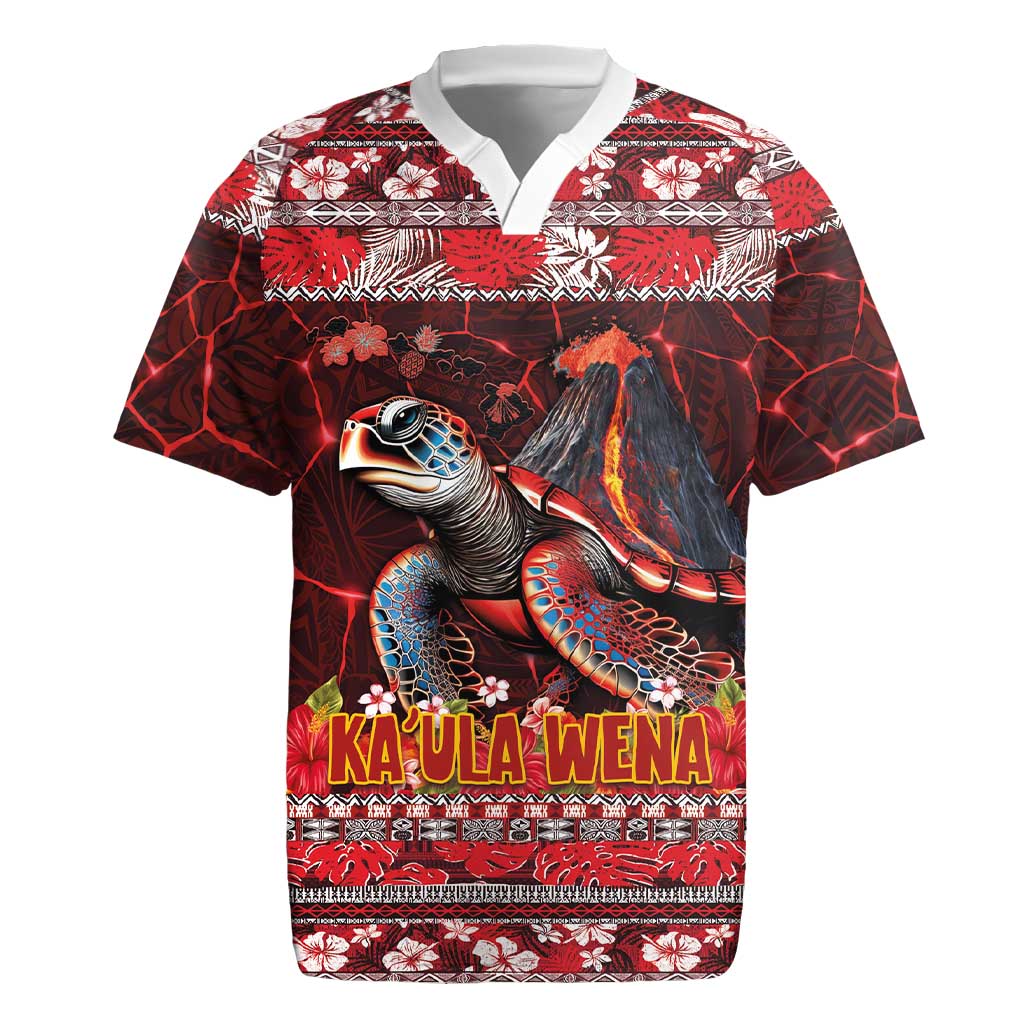 Hawaii KaUla Wena Volcano Turtle Rugby Jersey Lava and Tropical Plants Tribal Pattern LT03 Red - Polynesian Pride