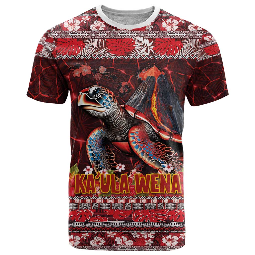 Hawaii KaUla Wena Volcano Turtle T Shirt Lava and Tropical Plants Tribal Pattern LT03 Red - Polynesian Pride