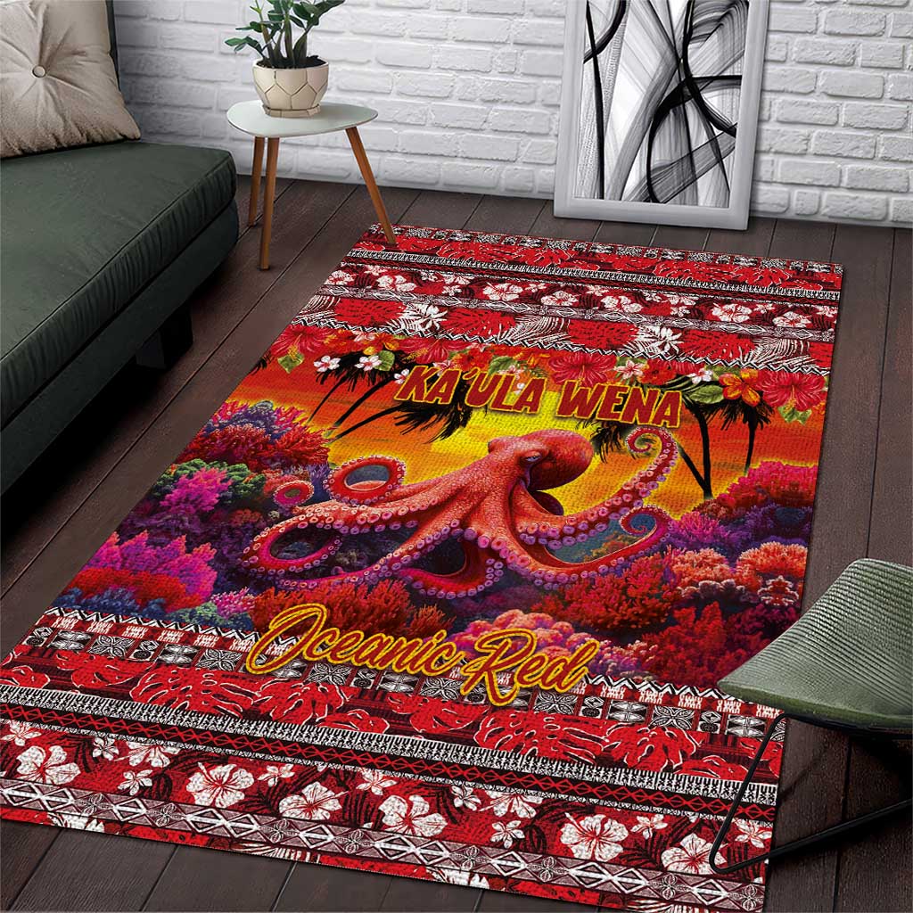 Hawaii KaUla Wena Octopus Area Rug Oceanic Red with Corals and Tropical On Sunset Landscape LT03 Red - Polynesian Pride