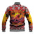 Hawaii KaʻUla Wena Octopus Baseball Jacket Oceanic Red with Corals and Tropical On Sunset Landscape