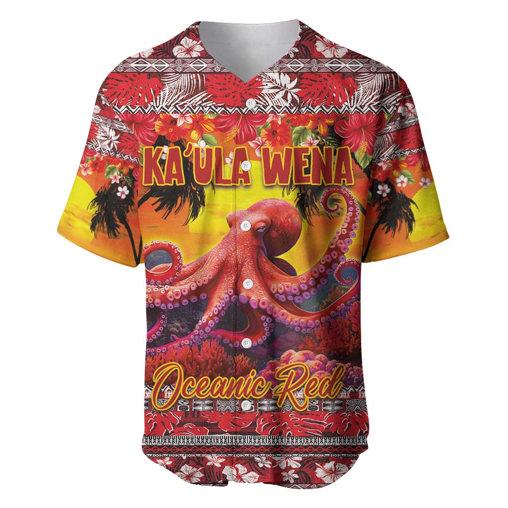 Hawaii KaUla Wena Octopus Baseball Jersey Oceanic Red with Corals and Tropical On Sunset Landscape LT03 Red - Polynesian Pride