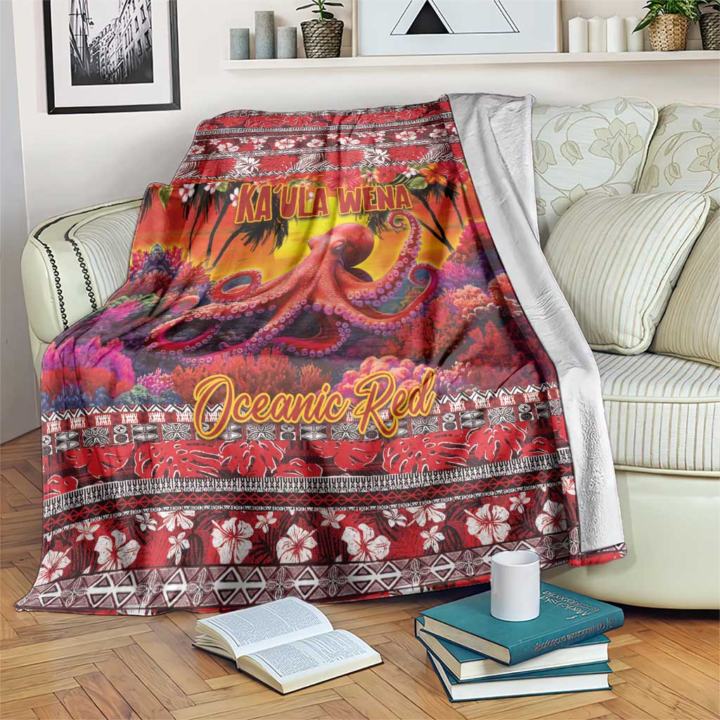 Hawaii KaUla Wena Octopus Blanket Oceanic Red with Corals and Tropical On Sunset Landscape LT03 Red - Polynesian Pride