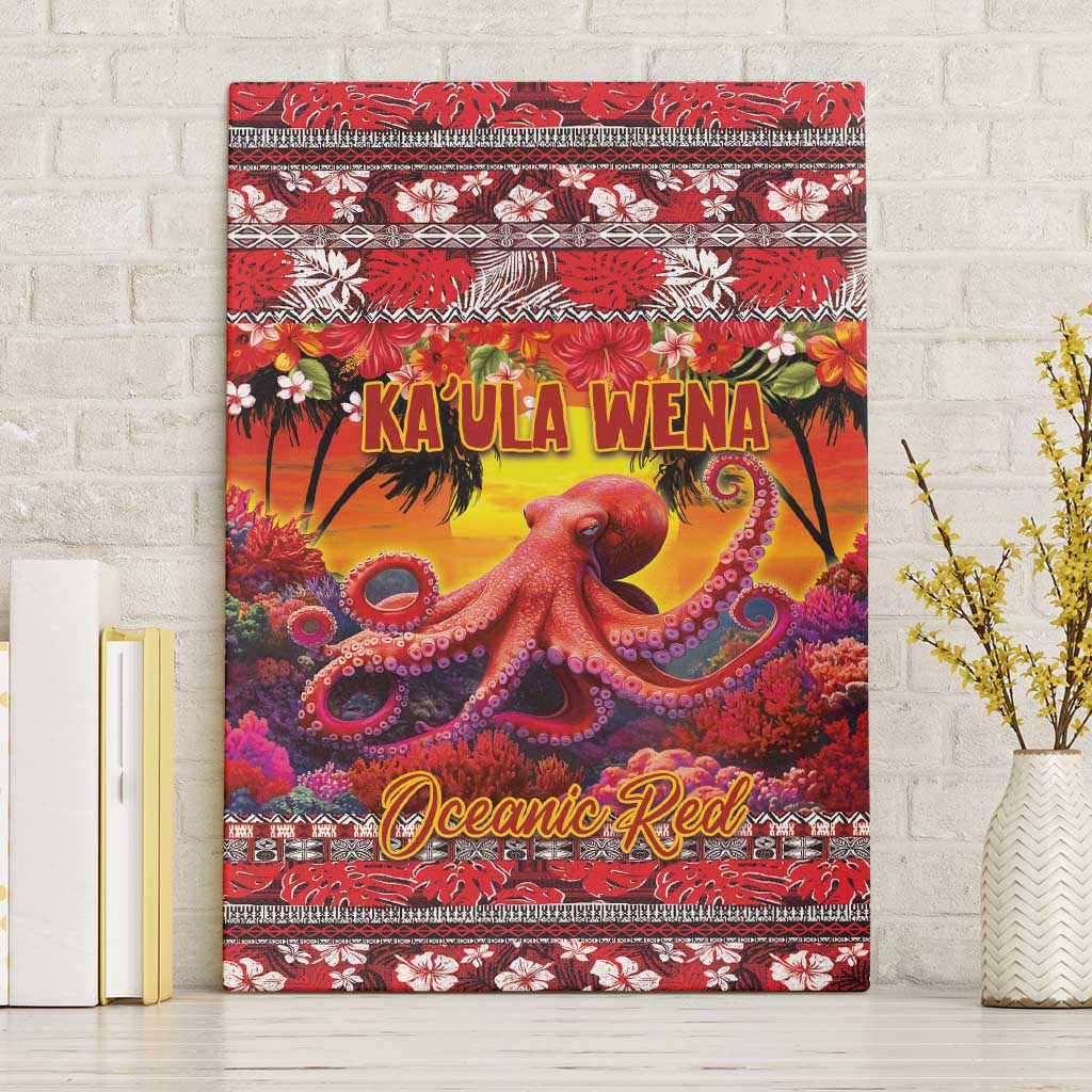 Hawaii KaʻUla Wena Octopus Canvas Wall Art Oceanic Red with Corals and Tropical On Sunset Landscape