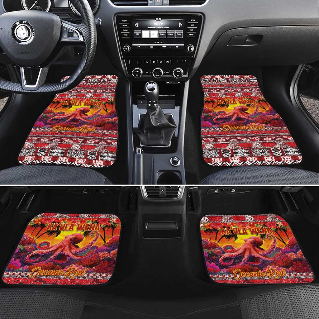 Hawaii KaUla Wena Octopus Car Mats Oceanic Red with Corals and Tropical On Sunset Landscape LT03 Set 4pcs Red - Polynesian Pride