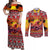 Hawaii KaʻUla Wena Octopus Couples Matching Off Shoulder Maxi Dress and Long Sleeve Button Shirt Oceanic Red with Corals and Tropical On Sunset Landscape