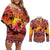 Hawaii KaʻUla Wena Octopus Couples Matching Off Shoulder Short Dress and Long Sleeve Button Shirt Oceanic Red with Corals and Tropical On Sunset Landscape