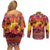 Hawaii KaʻUla Wena Octopus Couples Matching Off Shoulder Short Dress and Long Sleeve Button Shirt Oceanic Red with Corals and Tropical On Sunset Landscape