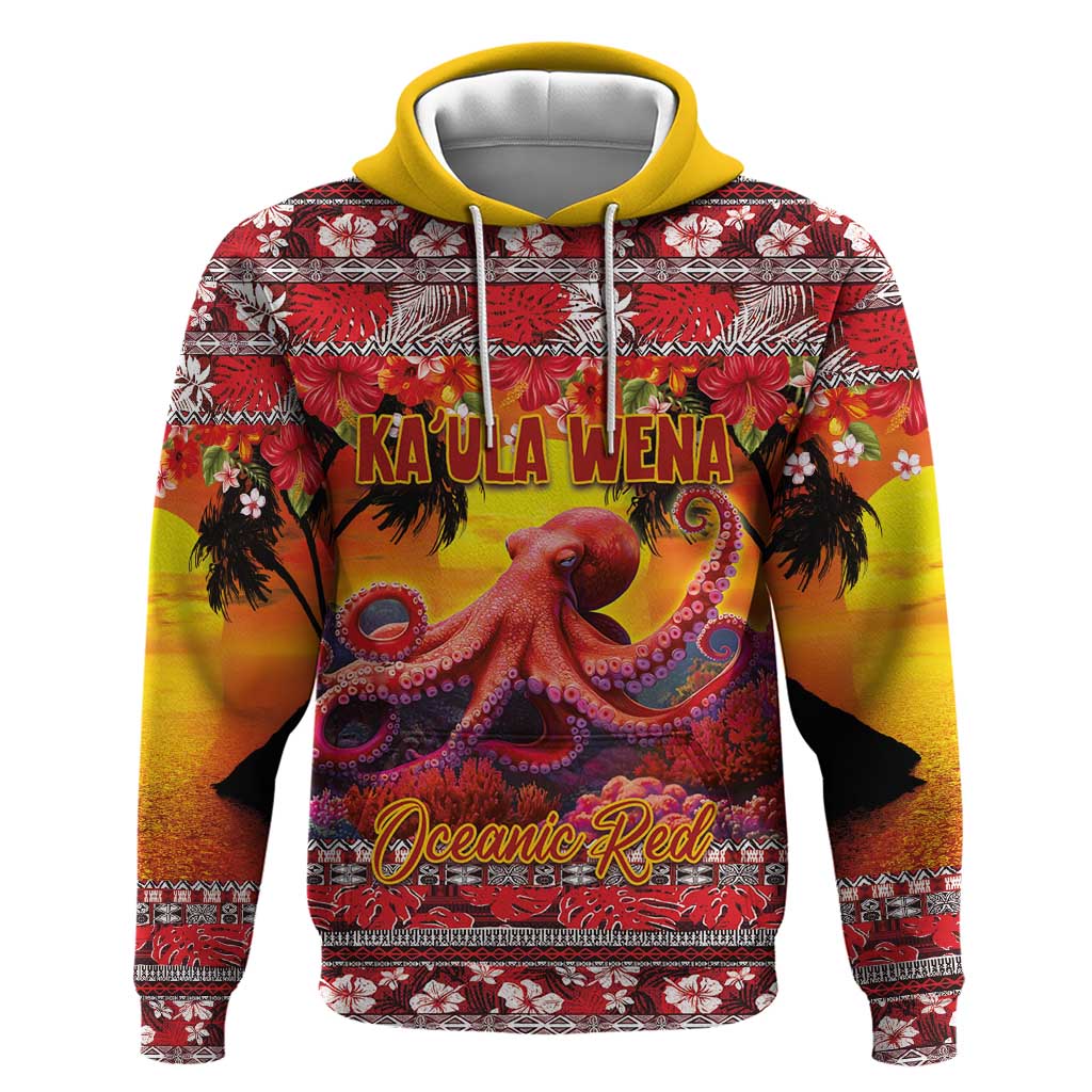 Hawaii KaʻUla Wena Octopus Hoodie Oceanic Red with Corals and Tropical On Sunset Landscape