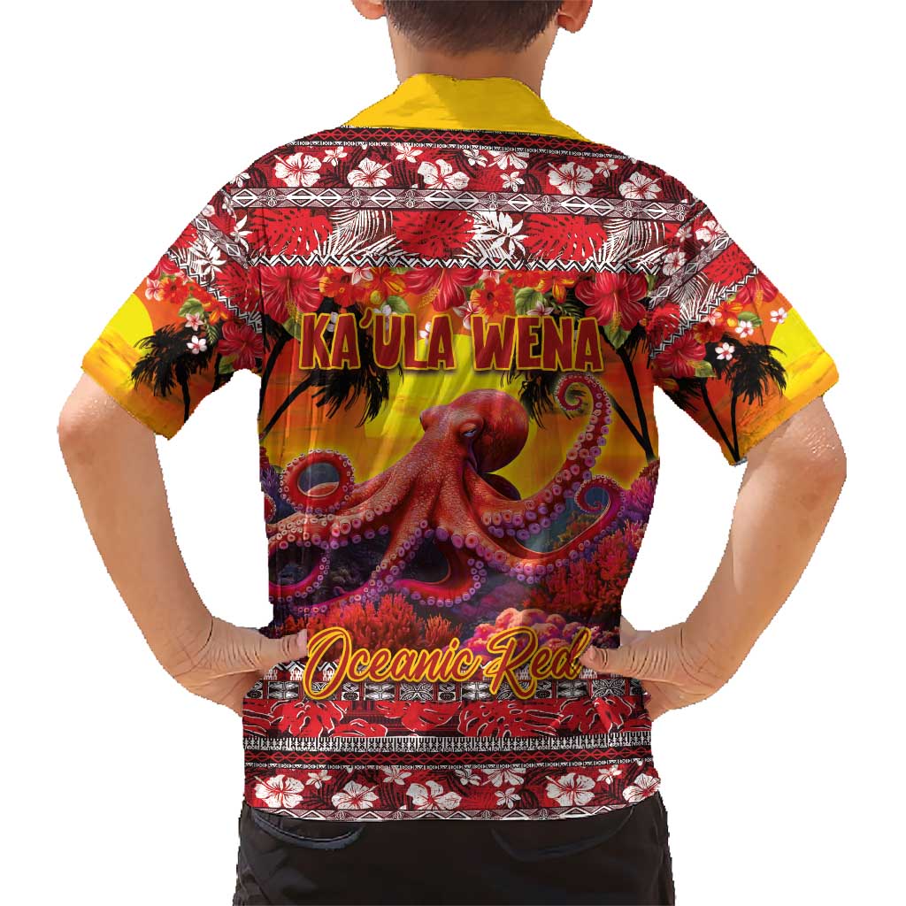 Hawaii KaUla Wena Octopus Kid Hawaiian Shirt Oceanic Red with Corals and Tropical On Sunset Landscape LT03 - Polynesian Pride
