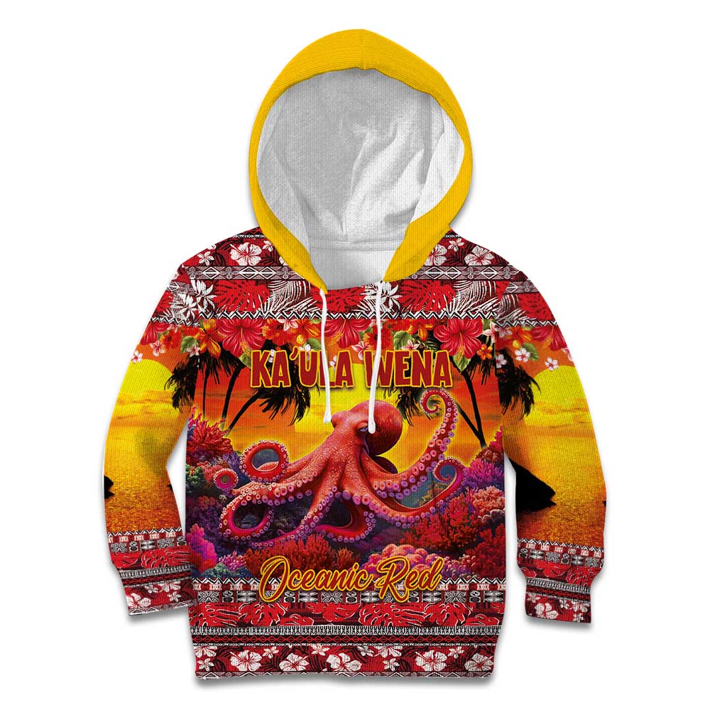 Hawaii KaUla Wena Octopus Kid Hoodie Oceanic Red with Corals and Tropical On Sunset Landscape LT03 Hoodie Red - Polynesian Pride