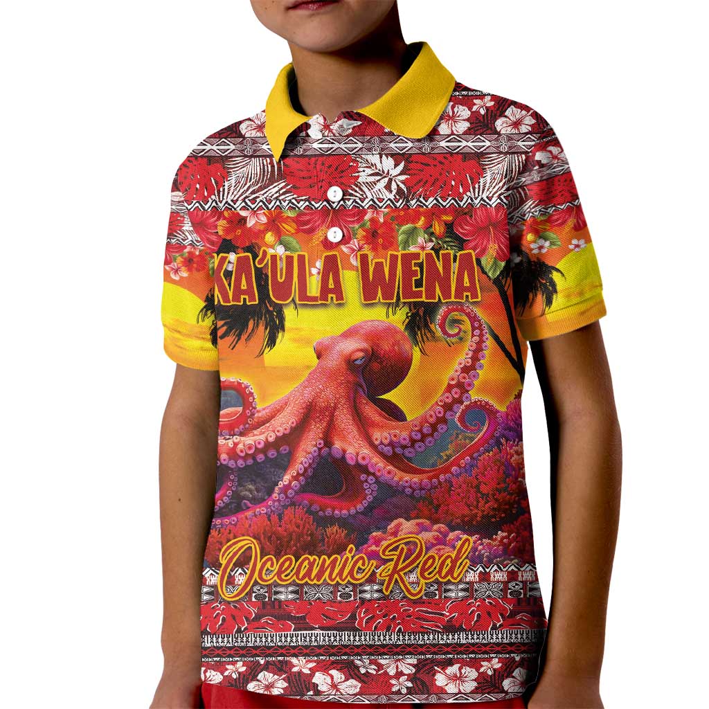 Hawaii KaUla Wena Octopus Kid Polo Shirt Oceanic Red with Corals and Tropical On Sunset Landscape LT03 Kid Red - Polynesian Pride