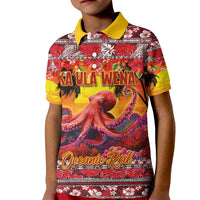 Hawaii KaUla Wena Octopus Kid Polo Shirt Oceanic Red with Corals and Tropical On Sunset Landscape LT03 Kid Red - Polynesian Pride