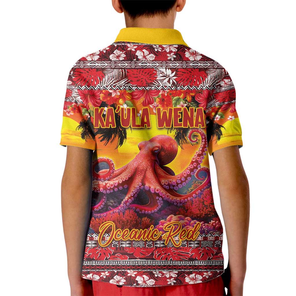 Hawaii KaUla Wena Octopus Kid Polo Shirt Oceanic Red with Corals and Tropical On Sunset Landscape LT03 - Polynesian Pride