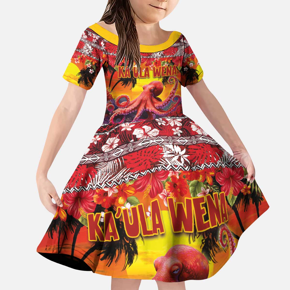 Hawaii KaUla Wena Octopus Kid Short Sleeve Dress Oceanic Red with Corals and Tropical On Sunset Landscape LT03 KID Red - Polynesian Pride