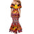 Hawaii KaʻUla Wena Octopus Mermaid Dress Oceanic Red with Corals and Tropical On Sunset Landscape