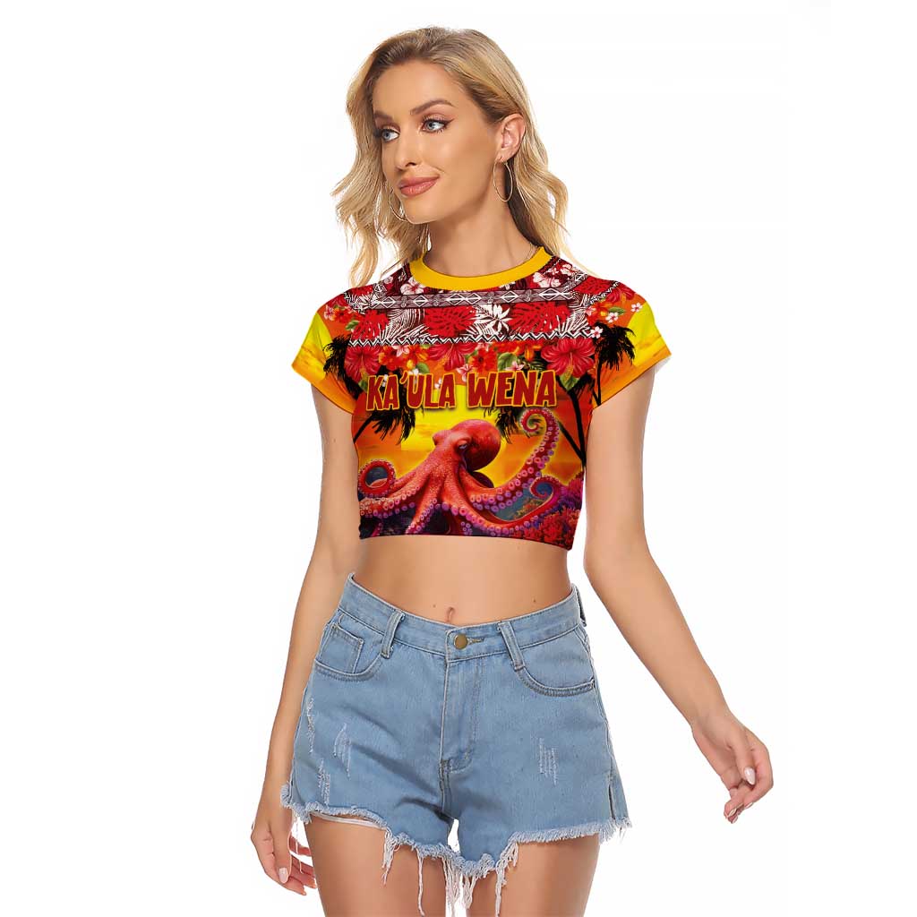 Hawaii KaUla Wena Octopus Raglan Cropped T Shirt Oceanic Red with Corals and Tropical On Sunset Landscape LT03 Female Red - Polynesian Pride