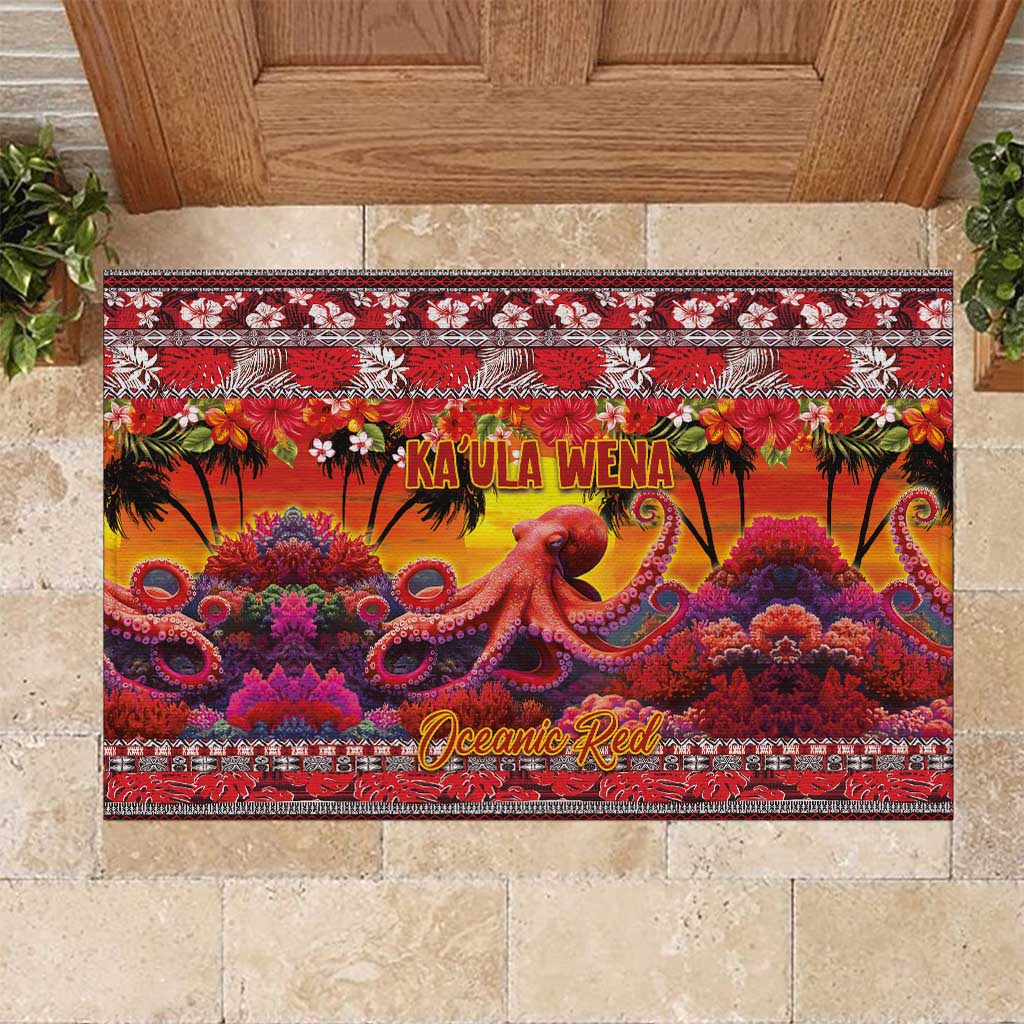 Hawaii KaUla Wena Octopus Rubber Doormat Oceanic Red with Corals and Tropical On Sunset Landscape LT03 Red - Polynesian Pride