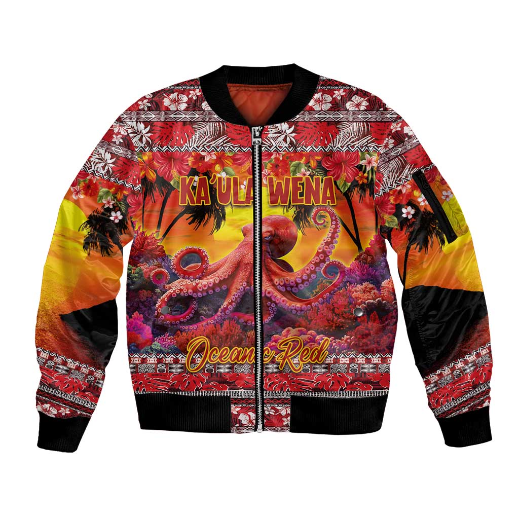 Hawaii KaUla Wena Octopus Sleeve Zip Bomber Jacket Oceanic Red with Corals and Tropical On Sunset Landscape LT03 Unisex Red - Polynesian Pride