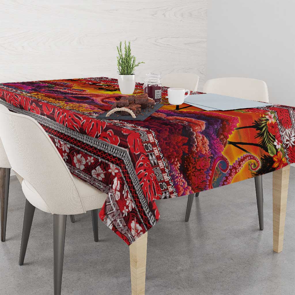 Hawaii KaUla Wena Octopus Tablecloth Oceanic Red with Corals and Tropical On Sunset Landscape LT03 - Polynesian Pride