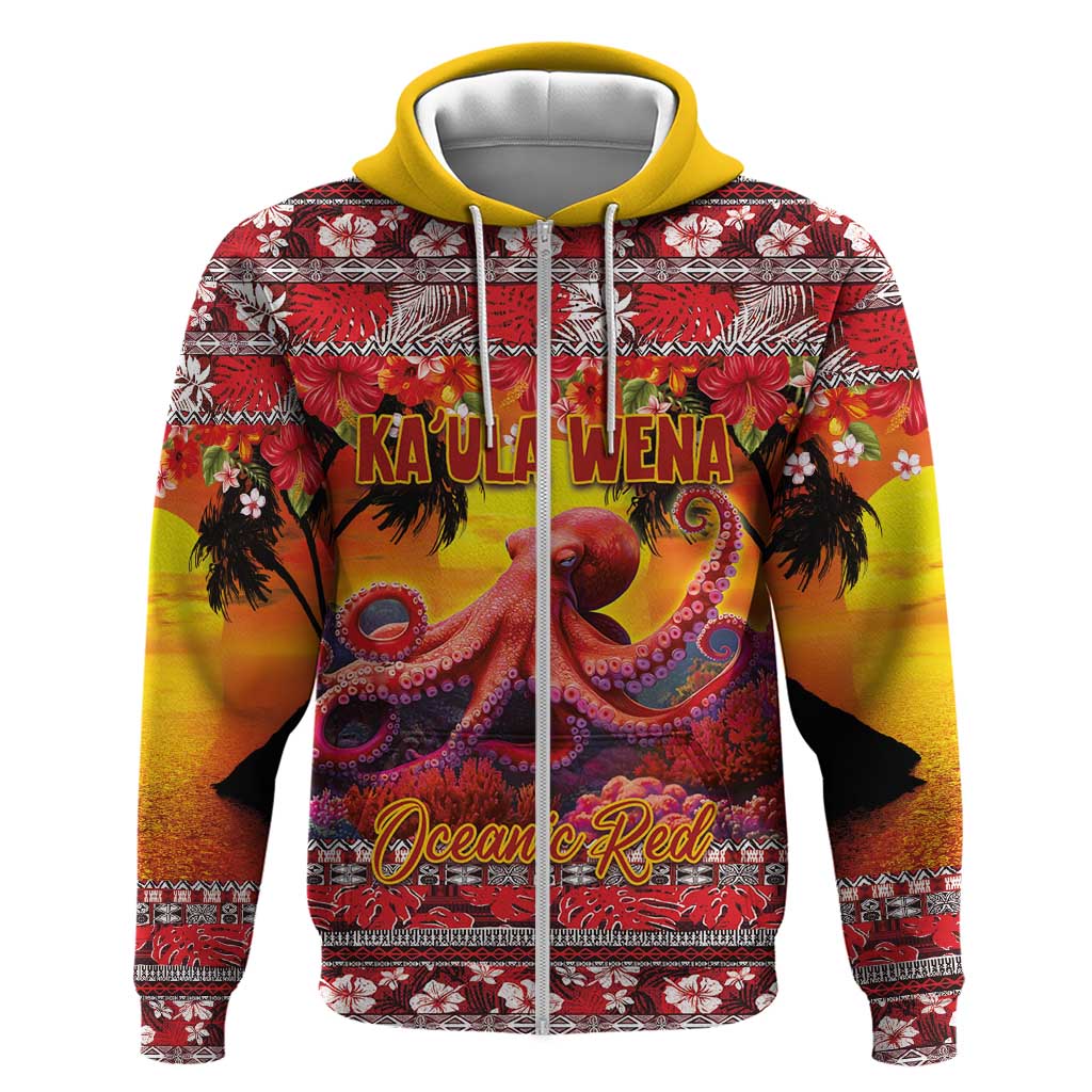 Hawaii KaUla Wena Octopus Zip Hoodie Oceanic Red with Corals and Tropical On Sunset Landscape LT03 Zip Hoodie Red - Polynesian Pride