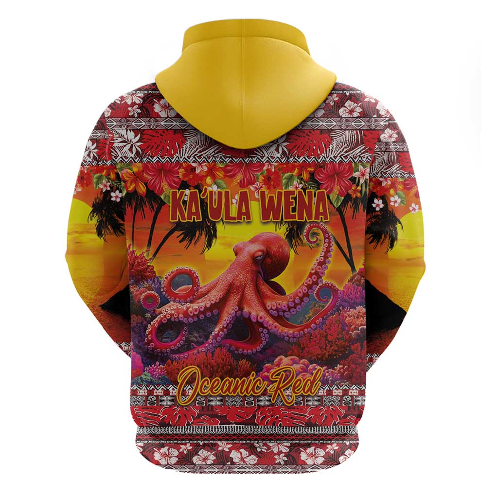 Hawaii KaUla Wena Octopus Zip Hoodie Oceanic Red with Corals and Tropical On Sunset Landscape LT03 - Polynesian Pride