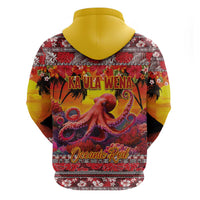 Hawaii KaUla Wena Octopus Zip Hoodie Oceanic Red with Corals and Tropical On Sunset Landscape LT03 - Polynesian Pride
