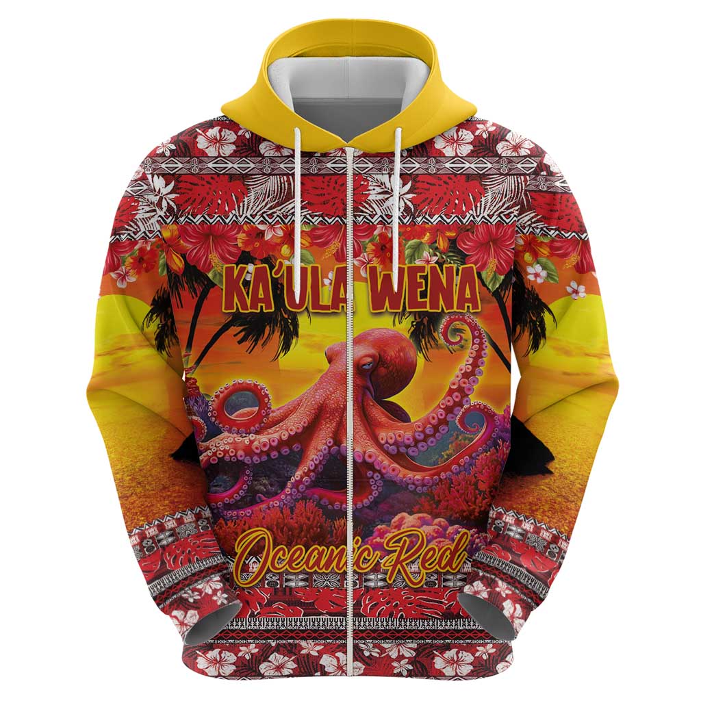 Hawaii KaUla Wena Octopus Zip Hoodie Oceanic Red with Corals and Tropical On Sunset Landscape LT03 - Polynesian Pride