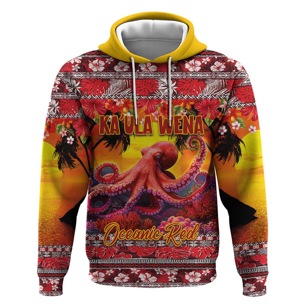 Hawaii KaUla Wena Octopus Zip Hoodie Oceanic Red with Corals and Tropical On Sunset Landscape LT03 Pullover Hoodie Red - Polynesian Pride
