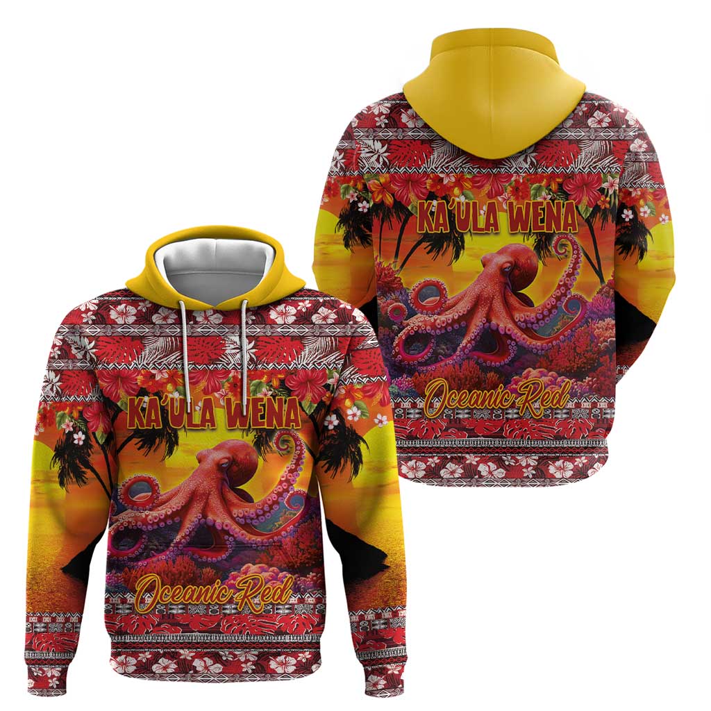 Hawaii KaUla Wena Octopus Zip Hoodie Oceanic Red with Corals and Tropical On Sunset Landscape LT03 - Polynesian Pride