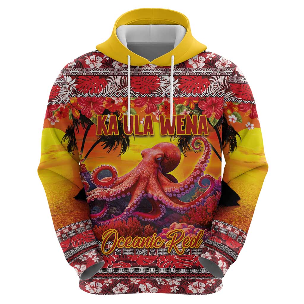 Hawaii KaUla Wena Octopus Zip Hoodie Oceanic Red with Corals and Tropical On Sunset Landscape LT03 - Polynesian Pride