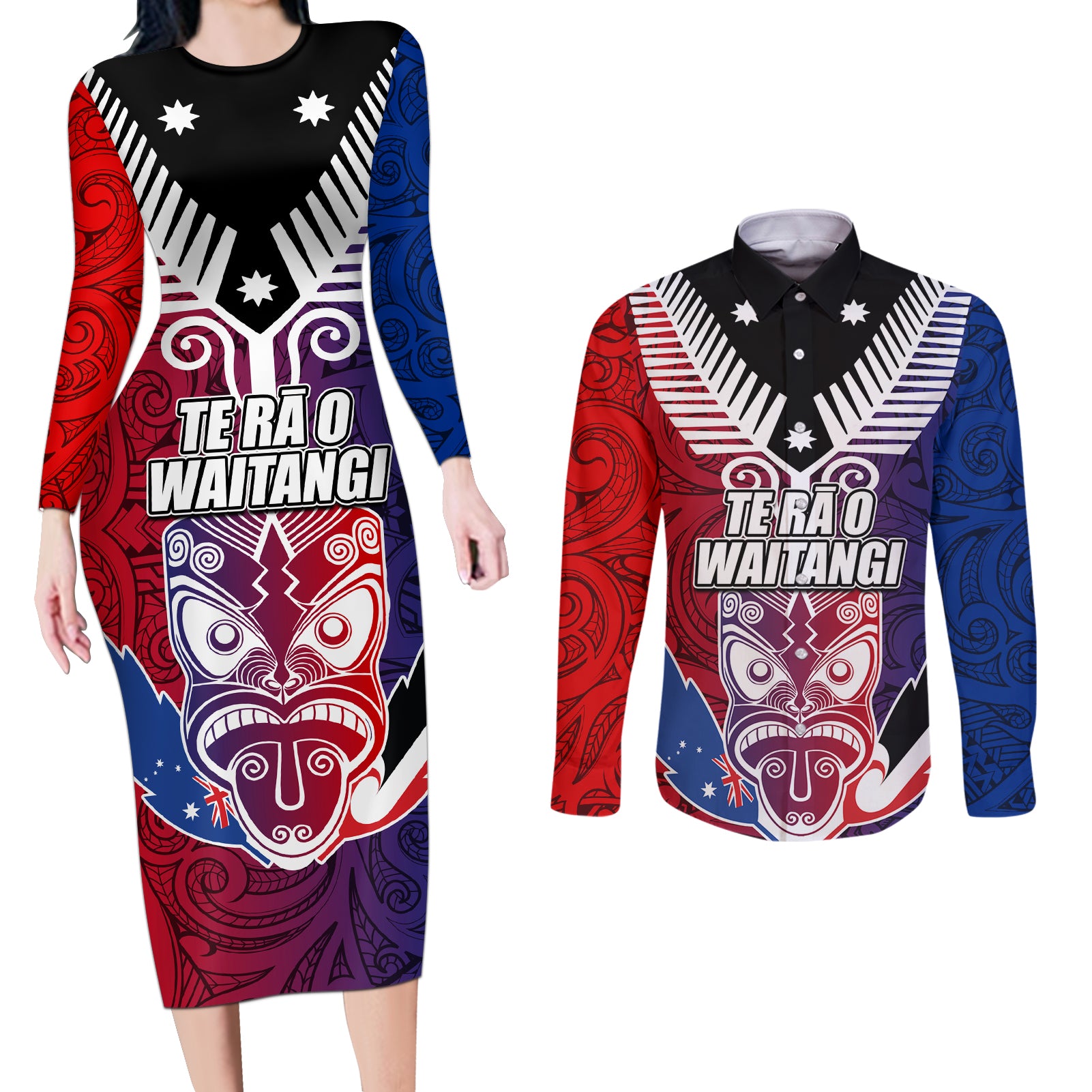 New Zealand Waitangi Couples Matching Long Sleeve Bodycon Dress and Long Sleeve Button Shirt Kia Ora Maori Koruru Tiki Mask LT03 Red - Polynesian Pride